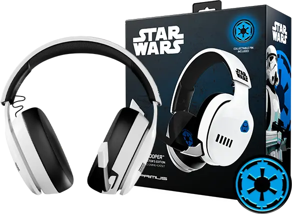 Audífono Gaming Primus Storm Trooper ARCUS370W Inalámbrico, sonido HD, micrófono integrado y diseño cómodo para largas sesiones de juego con estilo Storm Trooper.