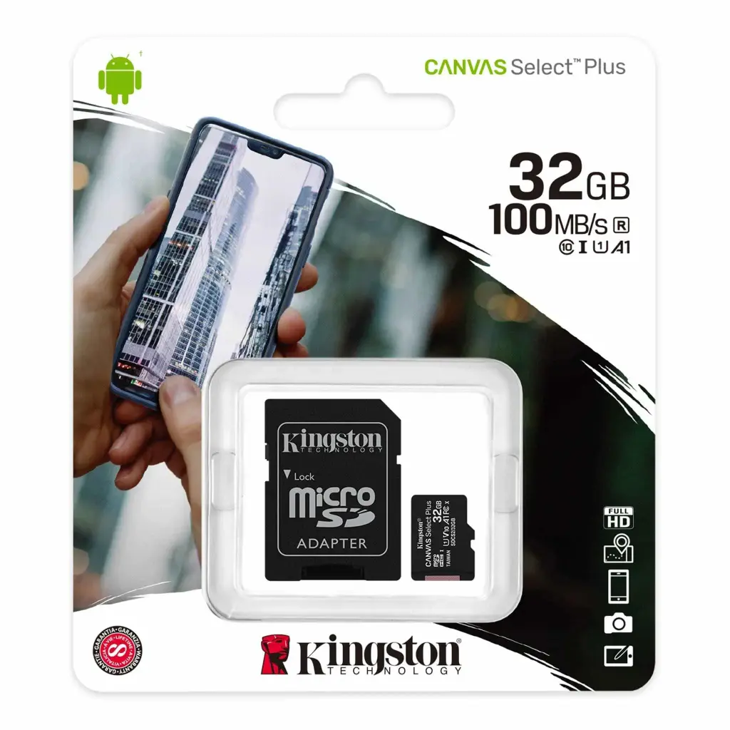 MICRO SD KINGSTON 32GB MICSDHC CANVAS SELECT PLUS 100R A1 C10 CARD SDCS2/32GB