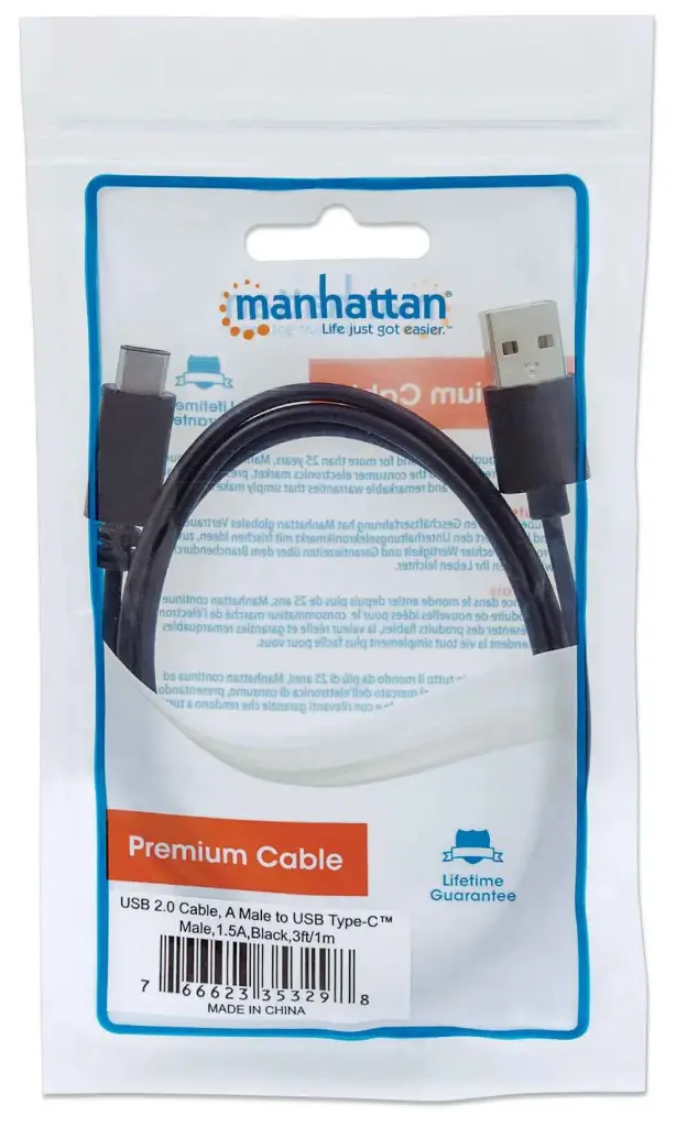 CABLE MANHATTAN 353298 USB 2.0 A MACHO USB C MACHO 3 PIES/1M NEGRO CAB-MH-USBC3298
