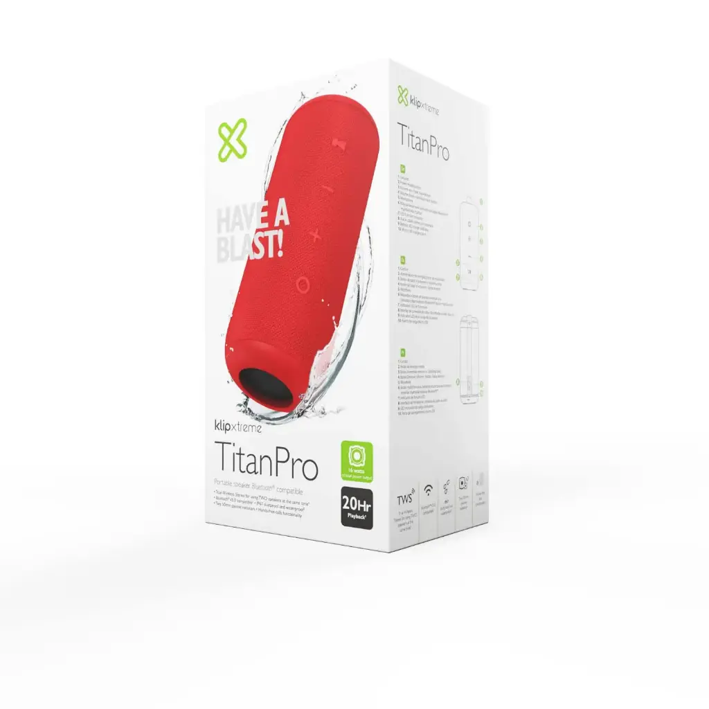 BOCINA KLIP XTREME SPKR TWS WLS BT 16W IPX7 TWS 20HRS ROJO KBS-300RD
