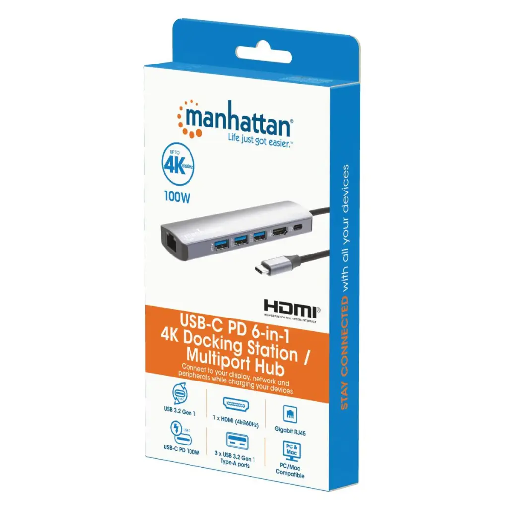 CONVERTIDOR DOCKING USB C 6 EN 1 RESOLUCION 4K MARCA MANHATTAN MODELO 153959 CONV-MH-USC6959