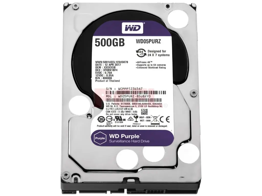 DISCO DURO HDD WD PURPLE 500 GB  OPTIMIZADO PARA VIDEOVIGILANCIA, COMPATIBLE CON DVRS Y NVRS DE CUALQUIER MARCA. UNIDAD SATA 3.5” DE 5400 RPM, 6.0 GBPS, 64 MB DE CACHÉ, REACONDICIONADA. HDD05-RFB