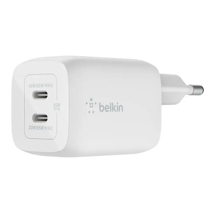 CARGADOR CUBO BELKIN DUAL USB C GAN WALL CHARGER WITH PPS 65W WCH013DQWH